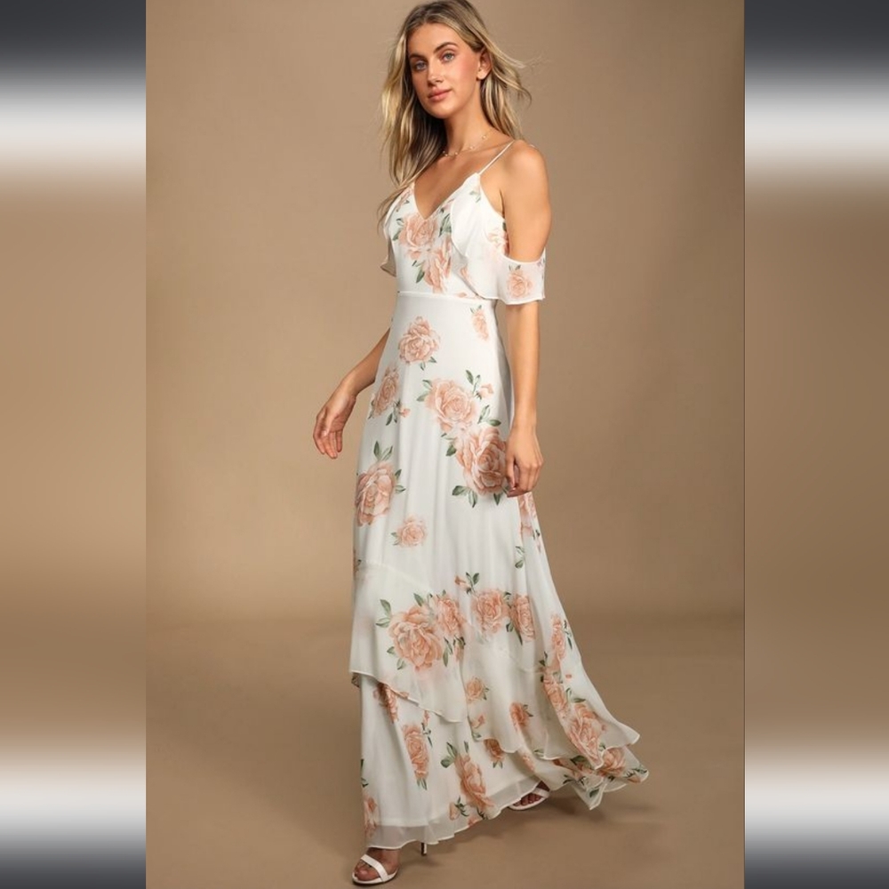Lulus Take You There Ivory Floral Print Maxi Dress Size S